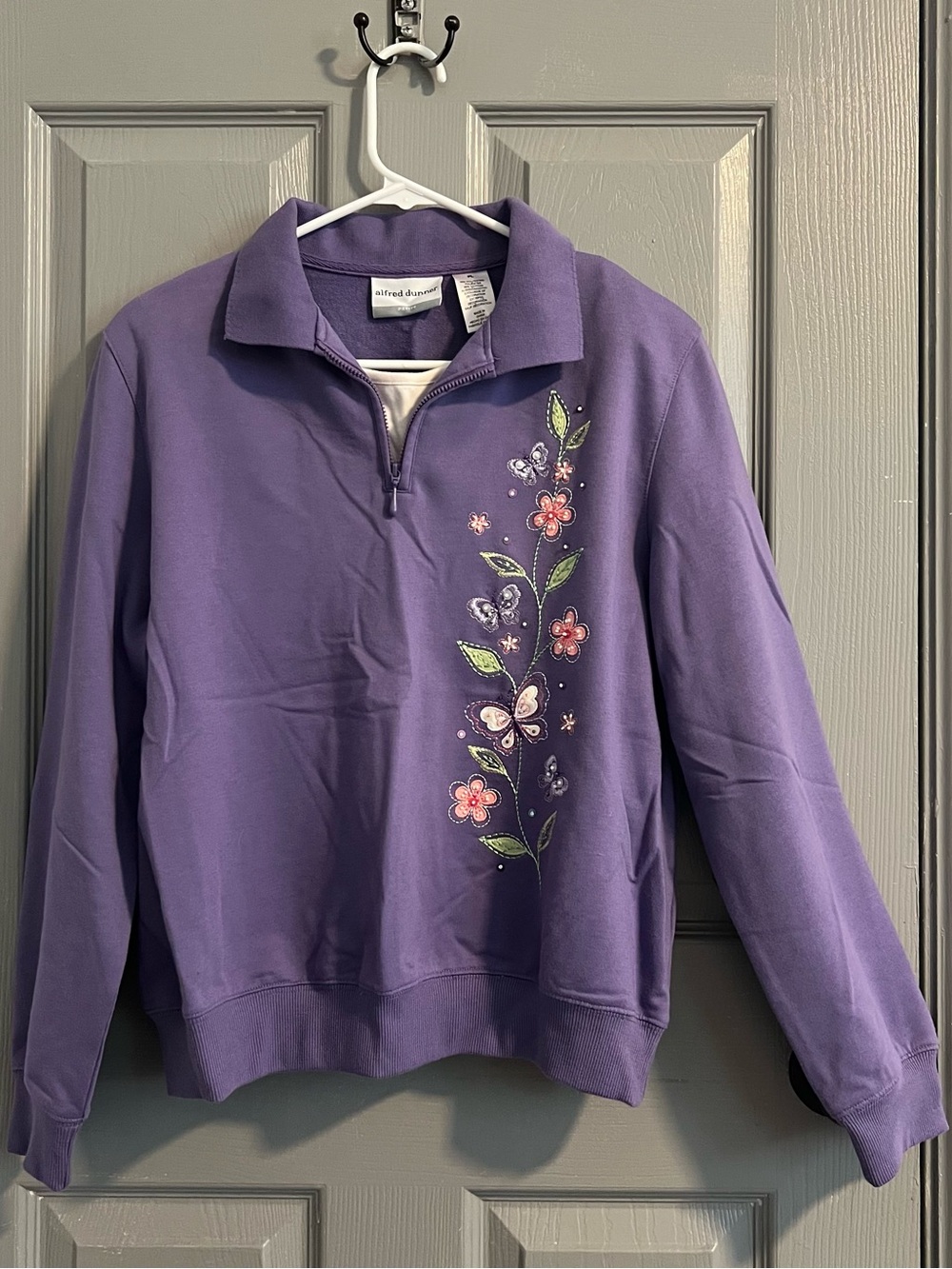 Alfred Dunner Lavender Quarter-Zip Sweatshirt Butterfly & Floral Embroidery
